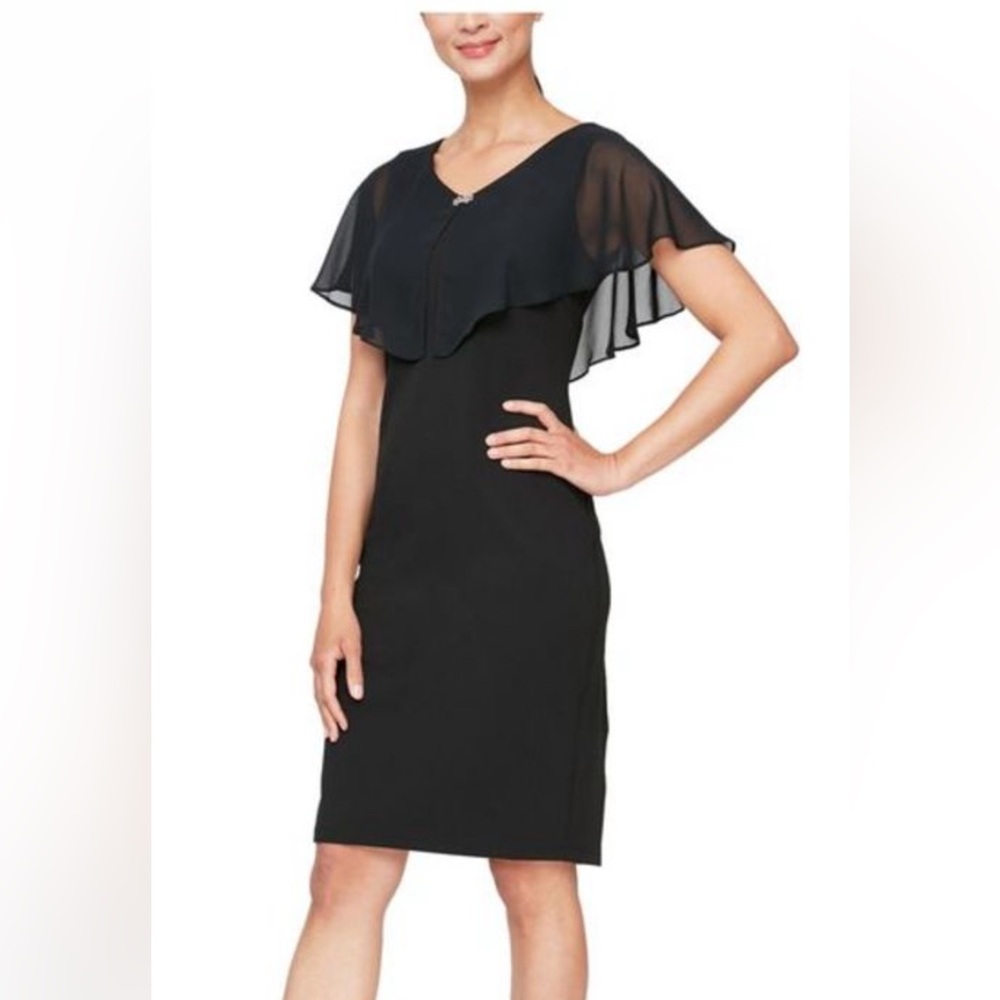 SLNY Black Shimmer Cape Overlay Sheath Dress 
 NWT Women’s 16 Cocktail / Evening